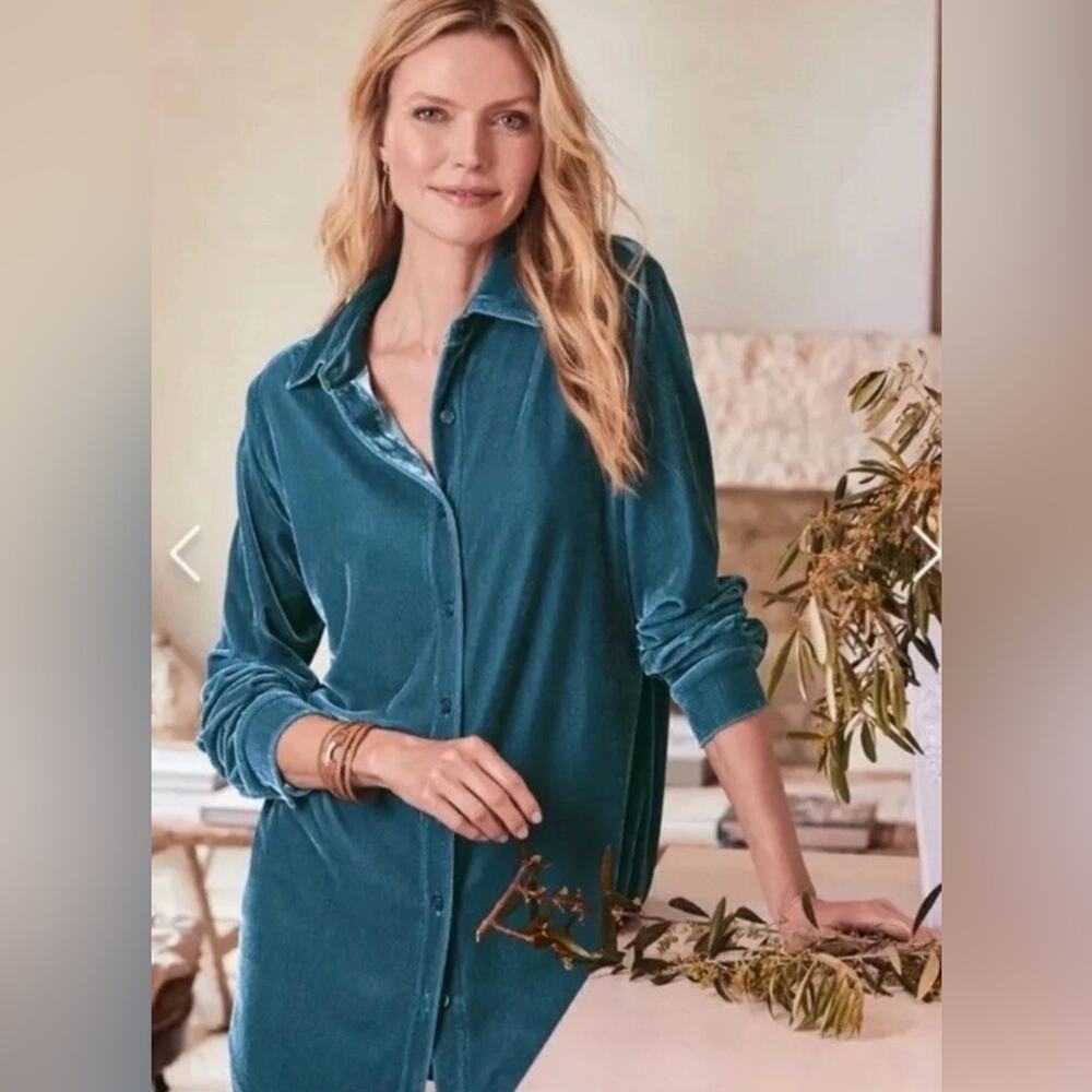 NWT Soft Surroundings Velvet Boyfriend Tunic Button Front Shirt Legion Blue Lrg